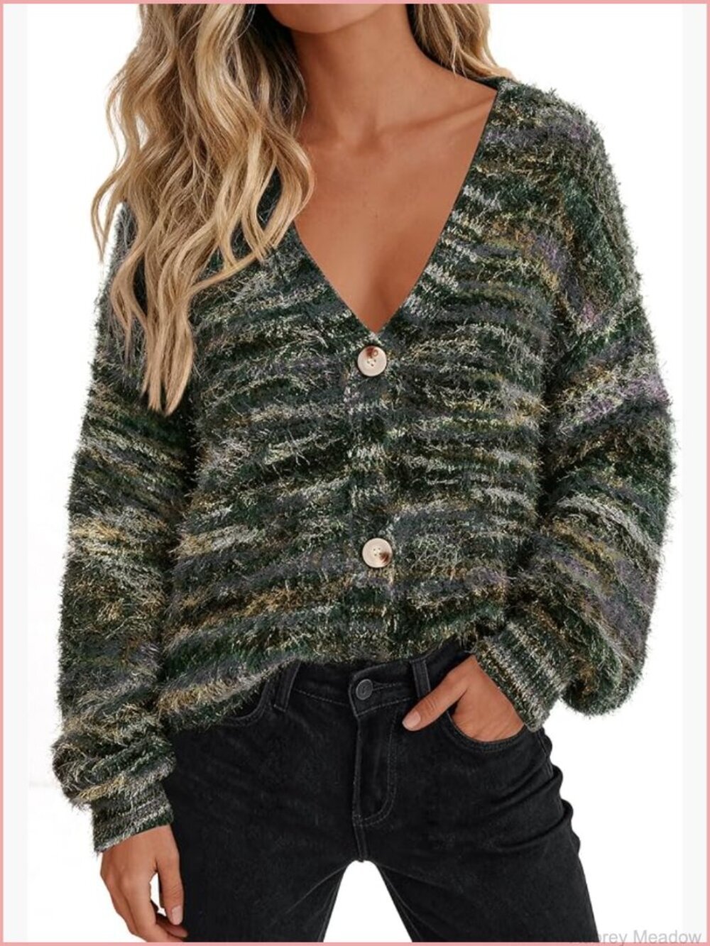 Striped Fuzzy V-Neck Cardigan Long Sleeve Button Knit Outerwear